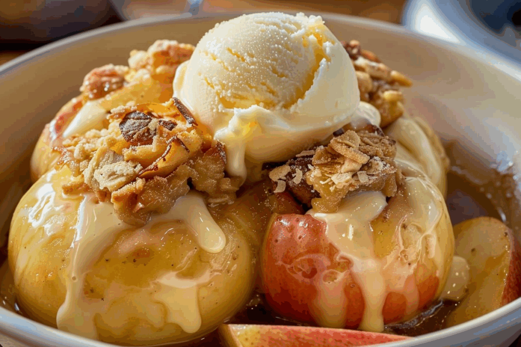 Baked Bloomin Apples Smothered in Vanilla Ice Cream