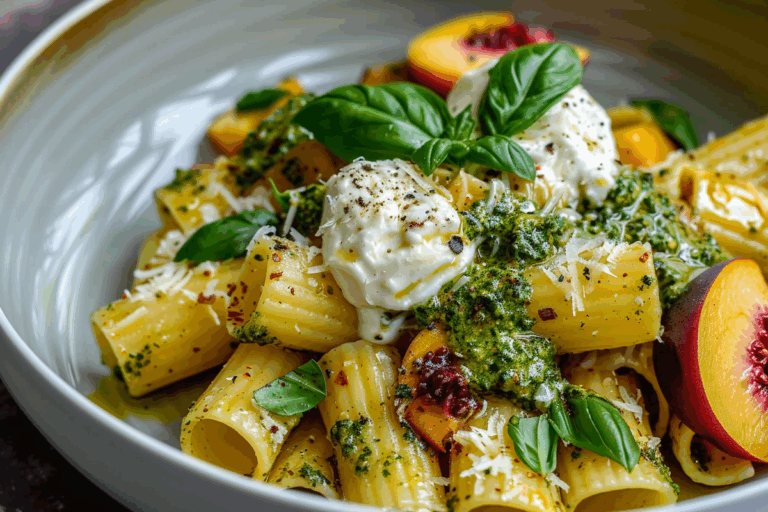 Summer Peach & Burrata Rigatoni with Basil Pesto Drizzle