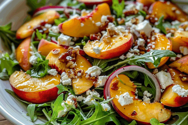 Fresh Peach Salad with Arugula Feta & Honey Dressing