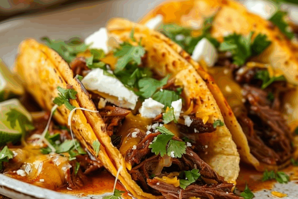 Golden Birria Tacos Stuffed with Shredded Beef and Oozy Cheese