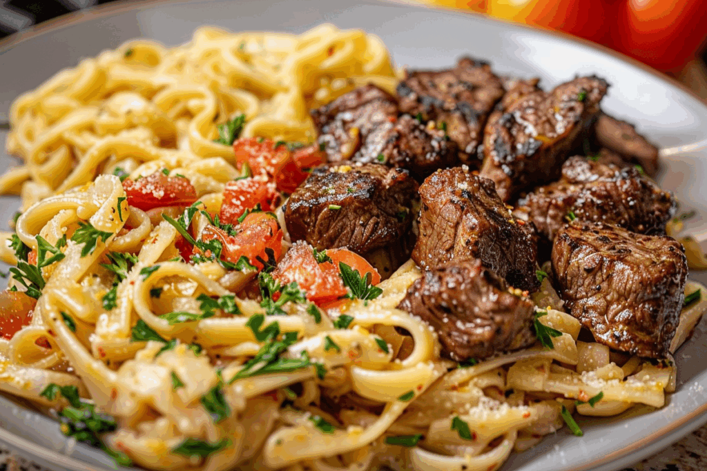 Cajun Steak Tips in Cheesy Parmesan Linguine Pasta