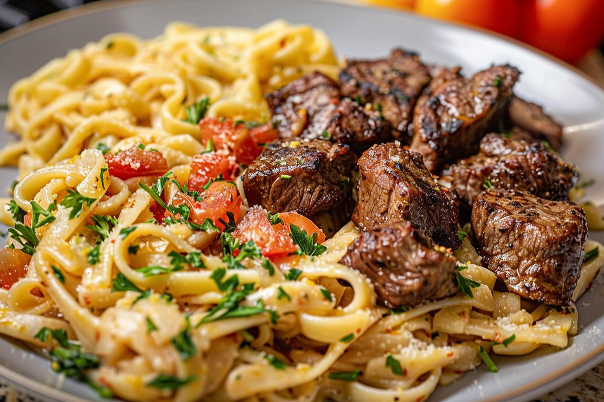 Cajun Steak Tips in Cheesy Parmesan Linguine Pasta